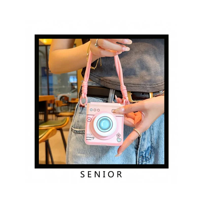Cute magnetic folding phone case for Samsung Galaxy Z Flip 7 back cover with wrist strap and kickstand