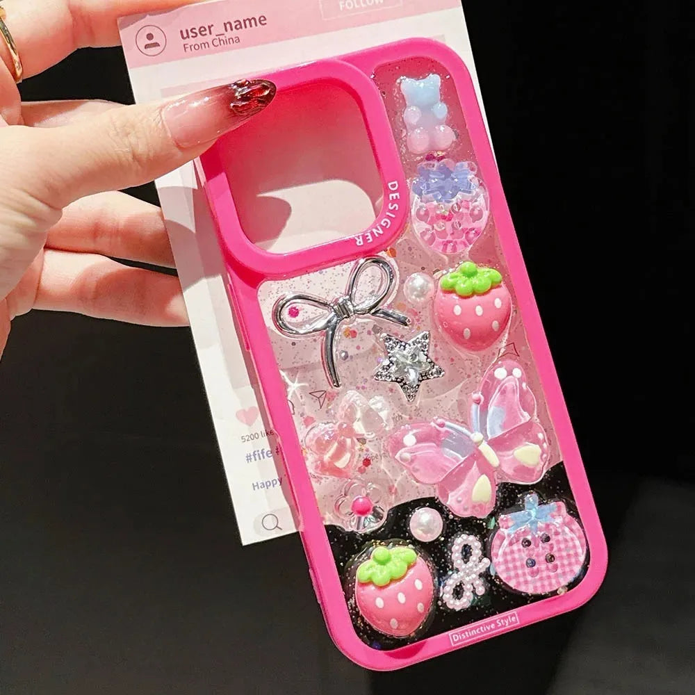 Cute fuchsia 3D strawberry butterfly star phone case, suitable For iPhone 17Air,16,15,14 Plus,13 Pro Max, shiny protective cover
