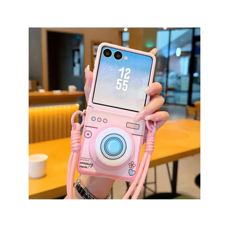 Cute magnetic folding phone case for Samsung Galaxy Z Flip 7 back cover with wrist strap and kickstand