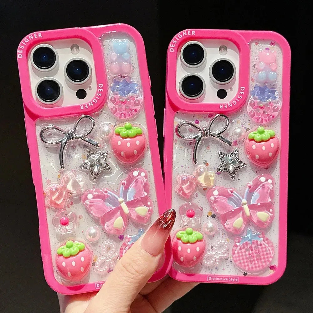 Cute fuchsia 3D strawberry butterfly star phone case, suitable For iPhone 17Air,16,15,14 Plus,13 Pro Max, shiny protective cover