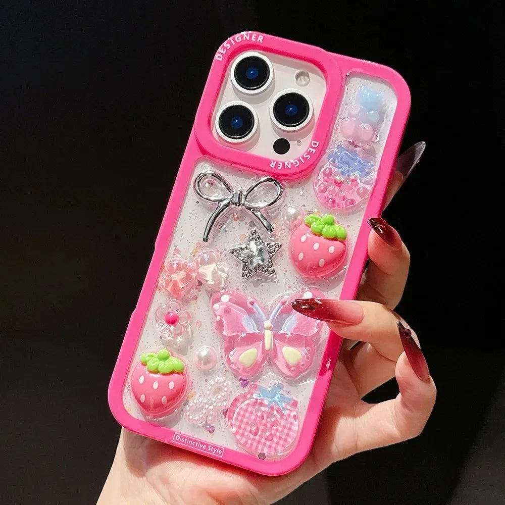 Cute fuchsia 3D strawberry butterfly star phone case, suitable For iPhone 17Air,16,15,14 Plus,13 Pro Max, shiny protective cover